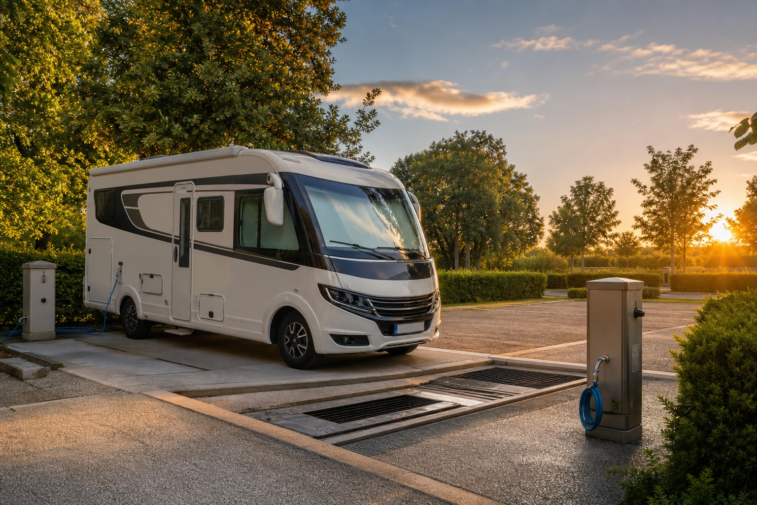 Un camping-car moderne garé sur une aire de services dédiée, avec des bornes d'eau et de vidange visibles, entouré de verdure, en fin d'après-midi, sans personne à l'image