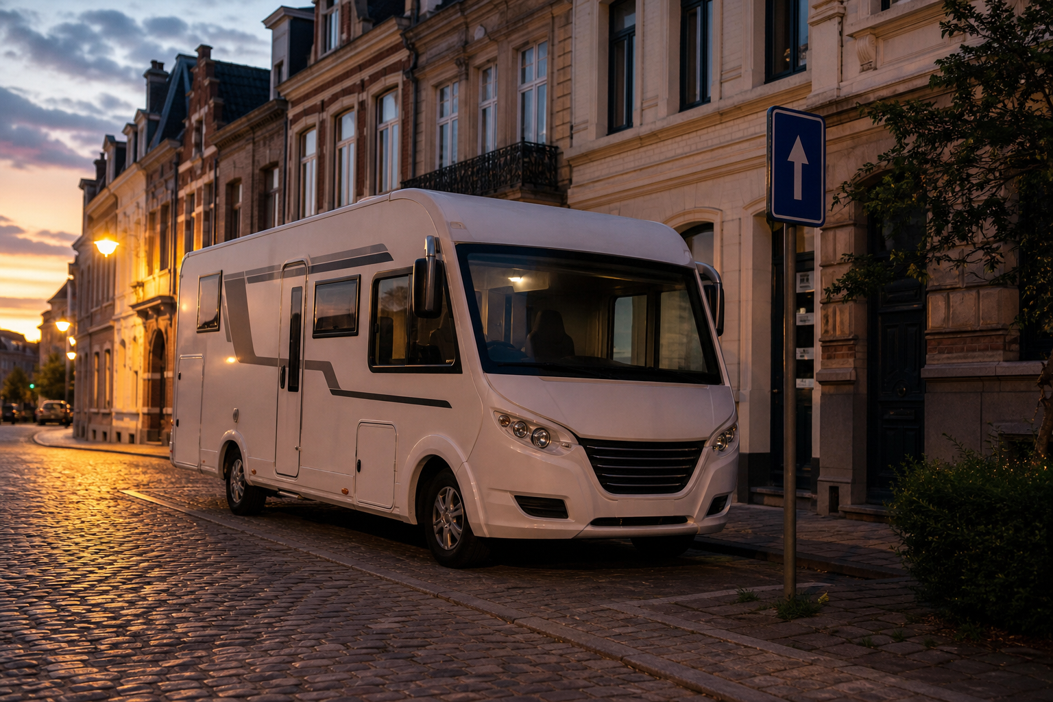Un grand camping-car blanc stationné le long d'une rue pavée d'une ville belge, sous un panneau de signalisation routière, sans aucun équipement déployé à l'extérieur, ambiance lumière du soir