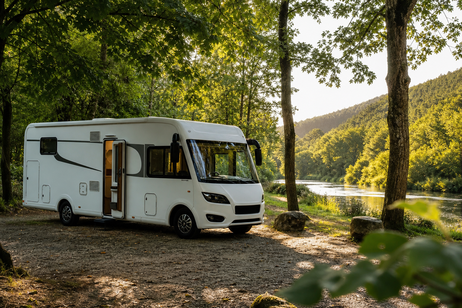 Un grand camping-car blanc stationné sur une aire de halte boisée dans les Ardennes belges, entouré de feuillages verts et d'une rivière en arrière-plan, lumière de fin d'après-midi
