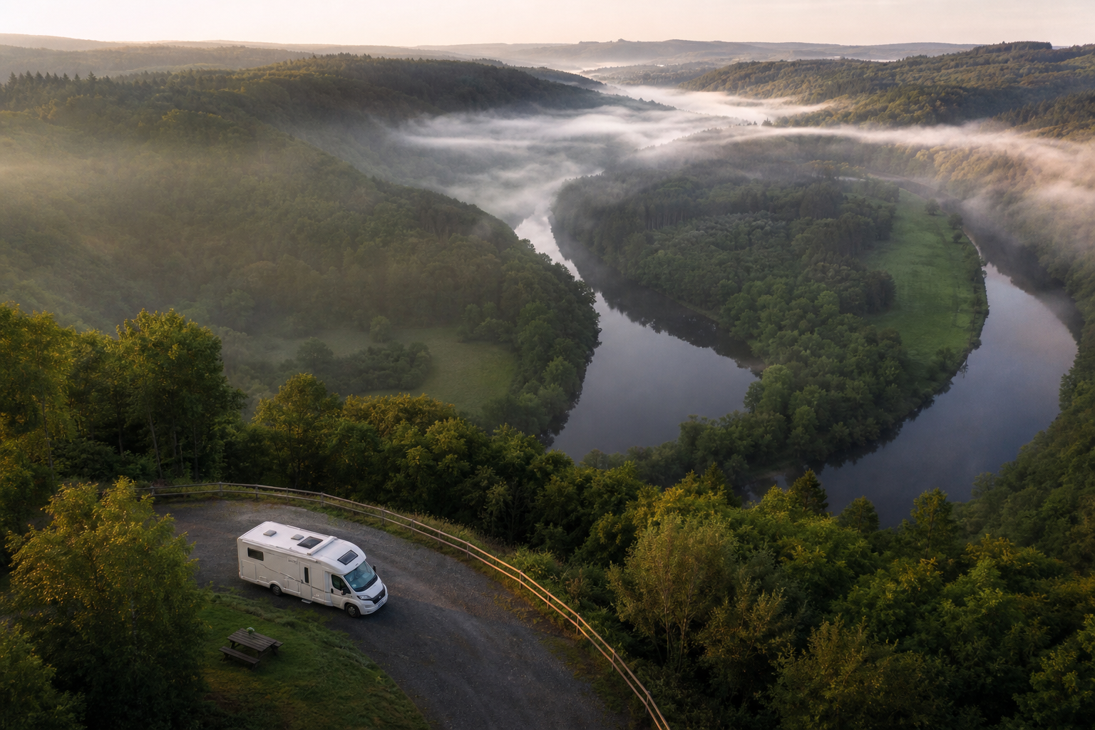 Vue aérienne d'un camping-car garé sur un belvédère face aux méandres de la rivière Semois en Ardenne belge, paysage de collines boisées et brume matinale
