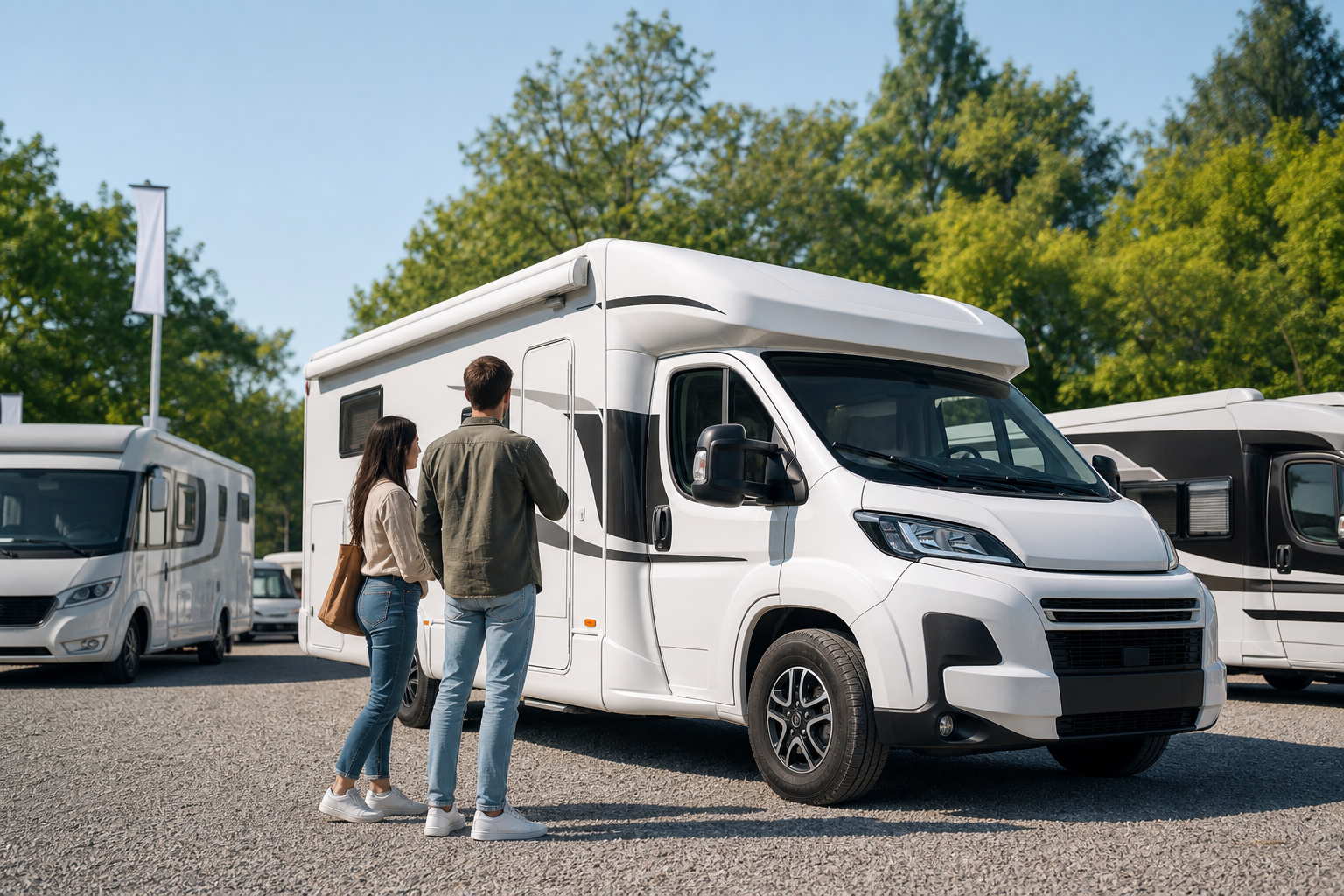 Un couple examinant l'extérieur d'un camping-car blanc garé dans un espace de vente en plein air, avec des arbres en arrière-plan et un ciel dégagé