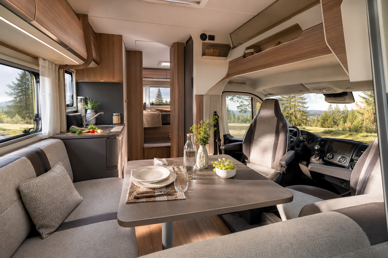 Vue intérieure d'un camping-car profilé moderne avec coin cuisine équipé, table dépliée et banquettes, lumière naturelle entrant par les fenêtres latérales