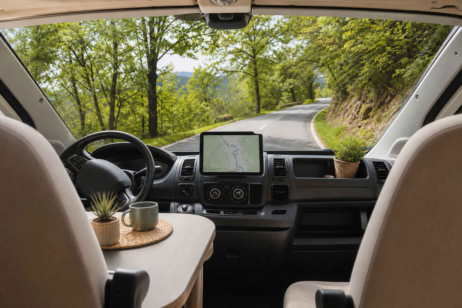 Intérieur d'un camping-car moderne avec une tablette posée sur le tableau de bord affichant une carte de navigation, le pare-brise laissant voir une route de campagne sinueuse bordée d'arbres