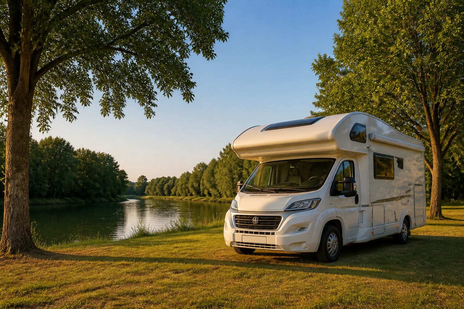 Un camping-car blanc stationné sur une aire herbeuse aménagée en bord de rivière, entouré d'arbres, sans personne visible, ciel dégagé, lumière de fin d'après-midi